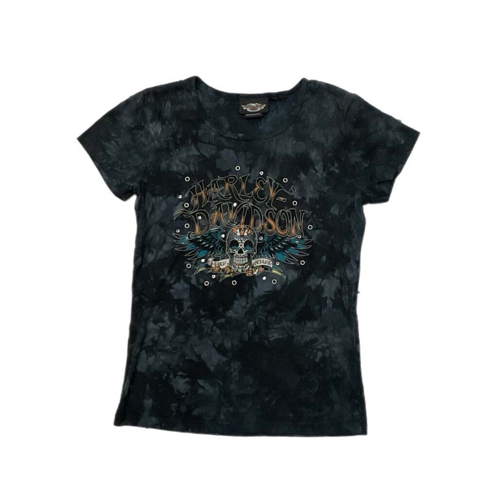 Harley-Davidson Y2K Rhinestone Tie-Dye Skull Graphic T-Shirt